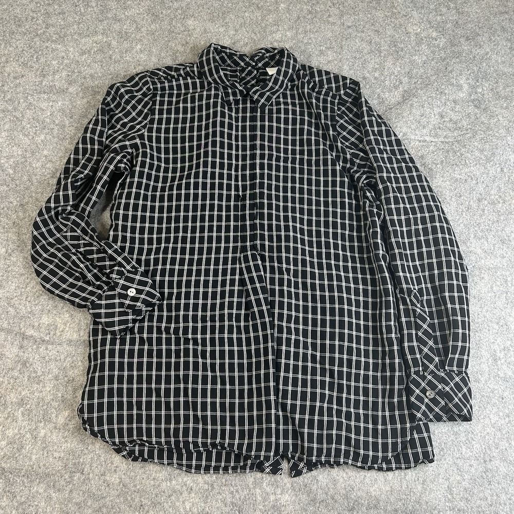 J Jill Tunic‎ Top Small Petite Black White Plaid Button Back Long Sleeve Blouse